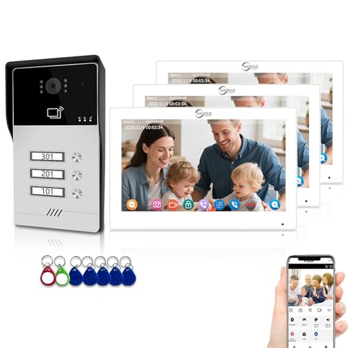 Sistema de videoportero de 4 cables para viviendas de 3 unidades, kit de portero automático con pantalla táctil de 7 pulgadas con desbloqueo 3 en 1, audio bidireccional, monitorización (Blanco)