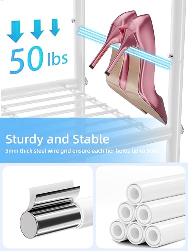 Image of 6 Tier 27 inch Metal Shoe Rack for Closet, Shoe Organizer Storage Shlef with Pocket, White