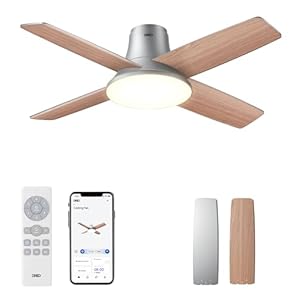 Dreo Ceiling Fans with Lights, 12 Speeds & 3 Fan Modes, Quiet DC Motor, Low Profile Easy to Install, Flush Mount Smart Ceiling Fan with Dimmable LED, 12H Timer for Bedroom, Remote, Silver, 44”