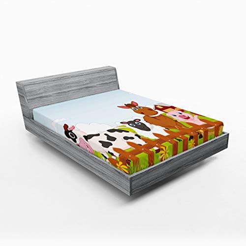 Lunarable Animal Fitted Sheet, Farm Creatures Cow Horse Goat Pig and Chicken by The Fences Cartoon, Soft Decorative Fabric Bedding All-Round Elastic Pocket, Full Size, Pale Brown