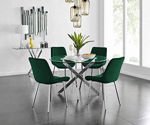 Image of Furniturebox UK Novara 120cm Modern Large Round Chrome Metal And Clear Glass Dining Table And 4/6 Luxury Stylish Pesaro Velvet and Chrome Metal Dining Chairs Set (Green/Silver Pesaro Chairs, 4 Chairs)