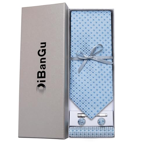 Image of DiBanGu Mens Silk Necktie Solid Color Tie and Pocket Square Cufflink Tie Clip Set Woven Plain Ties for Men Wedding Party