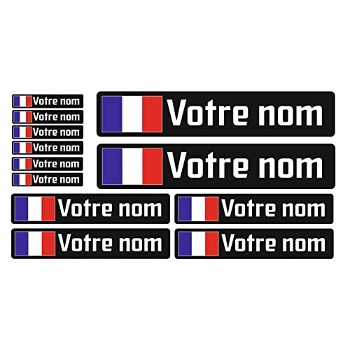 Pack x12 Stickers France noir Nom prénom vélo casque sticker autocollant personnalisé VTT Drapeau Français cadre fourche