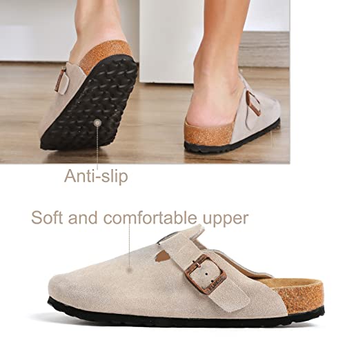 Klukge Boston Clogs For Men, Women‘s Suede Soft Leather Clogs Adjustable Buckle Cork Non-Slip Slippers Home Sandals Unisex Shoes(Light Grey Uk 5.5) #TOP3