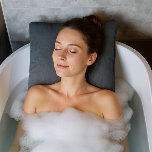 WLLNSS® Badewannen Kissen Made in EU - grau 60 x 40 cm - schnell trocknendes Premium Badewannenkissen mit ergonomischer Kopfstütze Wanne für Kopf Nacken Rücken Ganzkörper