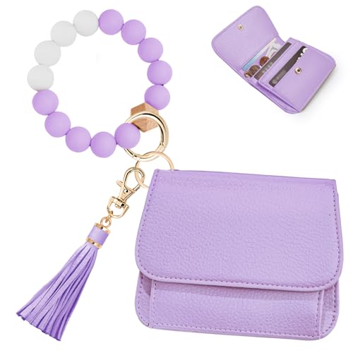 Image of Keychain Wallet for Women,RFID Wristlet Wallet with Beaded Strap | Tri-Fold Design,6 Card Slots,ID Window,Zipper Coin Pocket,Lightweight Carry