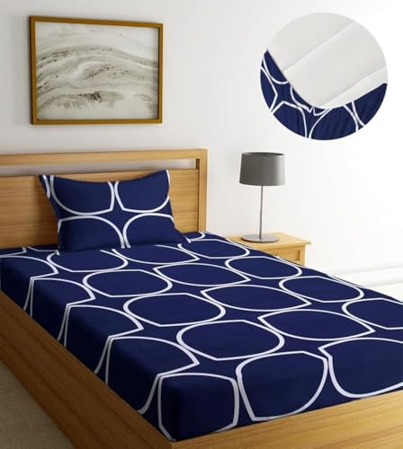 Image of NEW LEAF Premium Cotton Elastic Fitted Bedsheets with 1 King Size Pillow Covers | Single Mattress Bed with All Around Elastic 200 TC Supersoft | Size - 72 x 36 +6 inches | Blue Red Heart