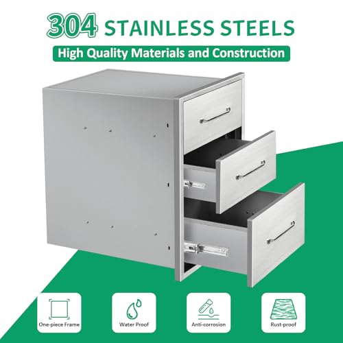 Image of Outdoor Kitchen Drawers 14 inch W x 21 inch H x 21 inch D Stainless Steel Triple Drawers with Ergonomic Handle for BBQ Island, Patio Grill Station & Outdoor Kitchen Cabinets
