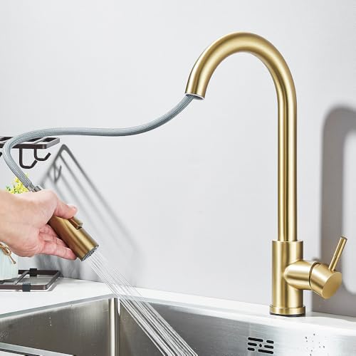 Robinet de cuisine extractible or brossé mitigeur à poignée unique