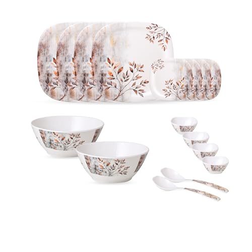 Image of Golden Fish 16 Pcs Multi-Course Dinner Set for 4 | 4 Full Plates, 4 Quarter Plates, 4 Veg Bowls, 2 Donga & 2 Serving Spoons | Organized Meal Serving Combo for Home Dining & Entertaining