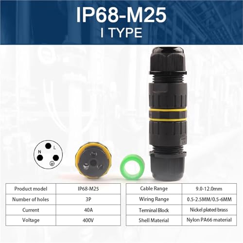 1 Stück IP68 M25 wasserdichter elektrischer Steckverbinder – 2/3/4/5-poliger Verdrahtungsanschluss for 5–14 mm schnelle Kabelverbindung(1Set 3P 9.0-12.0mm)