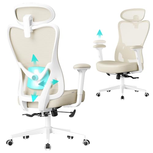 SONGMICS Silla de Oficina Ergonómica, Silla de Escritorio, con Reposacabezas y Soporte Lumbar Ajustables, Carga de 150 kg, Altura Ajustable, Beige Arena OBN066LF01