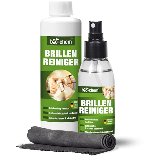 bio-chem Brillenreiniger Spray ohne Alkohol 100ml + 250ml Nachfüllflasche | Anti-Beschlag Brillenspray mit Mikrofasertuch | Reinigungsspray für Brillen, Display | Brillenputzmittel Made in Germany