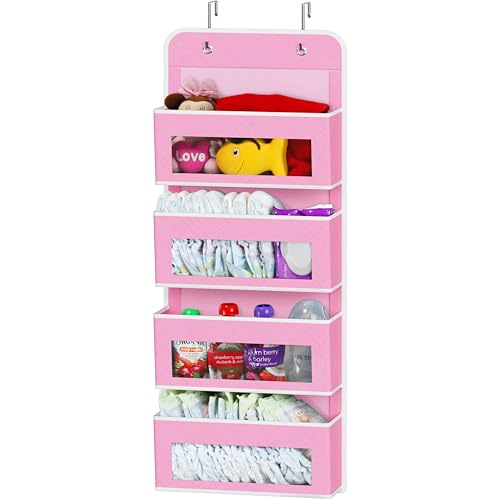 Image of Simple Houseware 4 Clear Window Pocket Over Closet Door Storage Hanging Organizer for Bedroom, Bathroom, Pantry, Pink