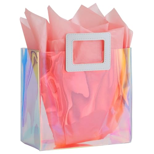 VUOJUR 8.3 Holographic Small Gift Bag with Tissue Paper Reusable Birthday Gift Bag for Girls Women Iridescent Bachelorette Wedding Bridal Bridesmaid Tote Bag (Pack of 1 S- Coral)