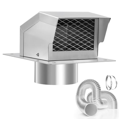 LTSEAME Stainless Steel 4Inch Roof Vent Kit, Removable Roof Vent, Bathroom Exhaust Roof Vent for Dryer, Galvanized Steel with Damper,5FT Aluminum Ducting and Duct Clamps (4IN)