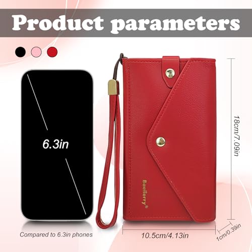 FuninCrea Long Wallet for Woman with Wrist Strap for Cell Phone, Envelope-Shaped Womens Wristlet Wallets Faux Leather Womens Wallet with Card Slots and Zipper Pocket (Pink)2