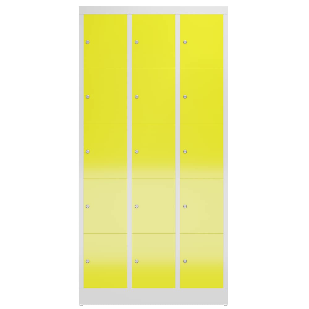 Lüllmann 15 Fächer Spind Schließfachschrank kompl. montiert und verschweißt Wertfachschrank Fächerschrank Spind Umkleideschrank (RAL 7035/1018 lichtgrau/zinkgelb)