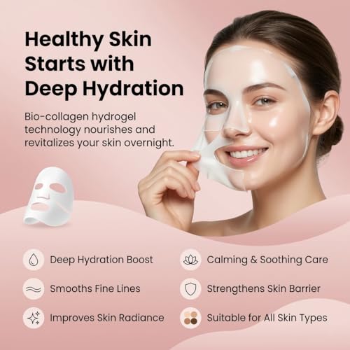 Image of Bio Collagen Night Mask - Hydrating Overnight Hydrogel Korean Glass Skin Mask, Wrapping Peel Off Facial Mask for Deep Hydration & Skin Care, Moisturizing Sheet Face Mask Pack of 4