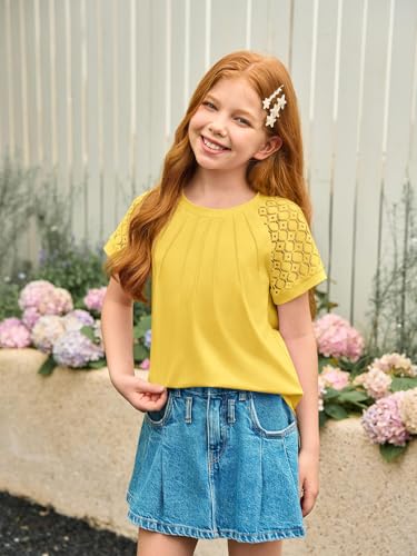 Image of Girls Pleated T Shirts Kids Fashion Lace Sleeve Summer Tops 5-14 Years | Casual Crewneck Blouse,Fashion Clothes