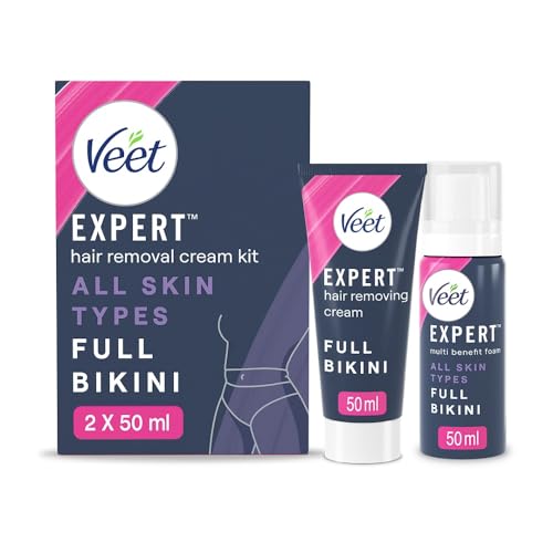 Veet Expert Bikini Kit 50ml Hair Removal Cream 50ml Multi Benefit Foam All Skin Types For Full Pubic Area Effective From 2 Mins Works on Tougher Hair 48 Hour Hydration