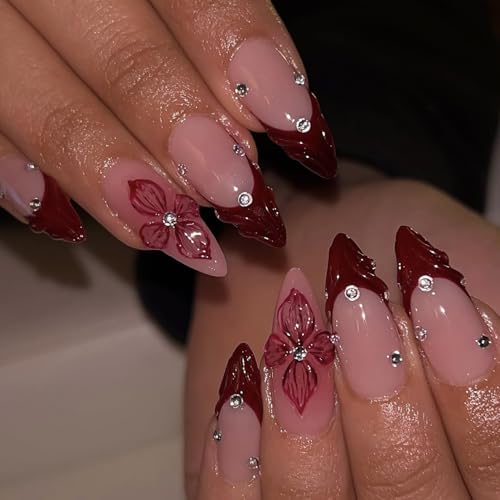 24Pcs Red Flower Press on Nails Medium Almond Fake Nails Summer Floral with Rhinestones Full Cover Acrylic Nails Glue on Nails Reusable Artificial French Tip False Nails for Women DIY Acrylic Nails