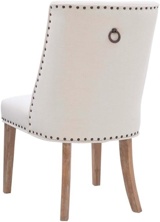 BOWERY HILL Modern 5-Piece Dining Set, 48 in Round Acacia Wood Table, Beveled Tempered Glass Top, Natural Finish, Upholstered Chairs with Linen Fabric, Nailhead Trim, Compact Rustic Dining Room
