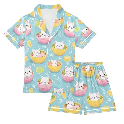 senya Cat in Bowl Satin Summer Pajama Sets Silk Short Sleeve Button Down Sleepwear