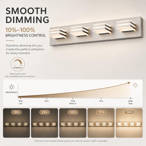Image of 4-Light Brushed Nickel Bathroom Vanity Light, 27 Inch 32W 5CCT Dimmable LED Wall Fixture, Hardwired Over Mirror Lighting with Clear Acrylic Shade for Bathroom Remodel