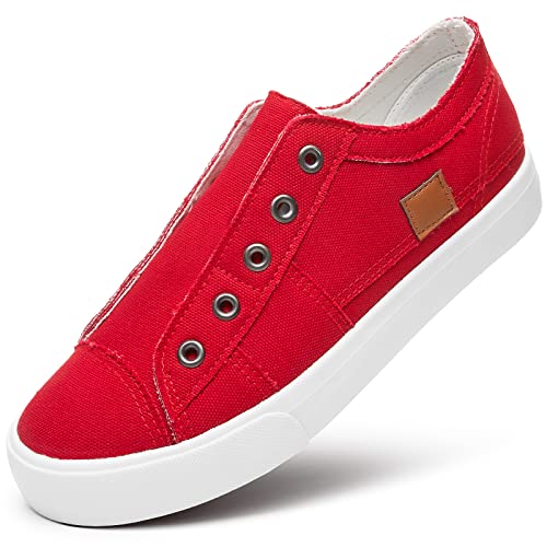 Women's Slip on Shoes Non Slip Fashion Canvas Sneakers Low Top Casual Shoes(Red,US7)