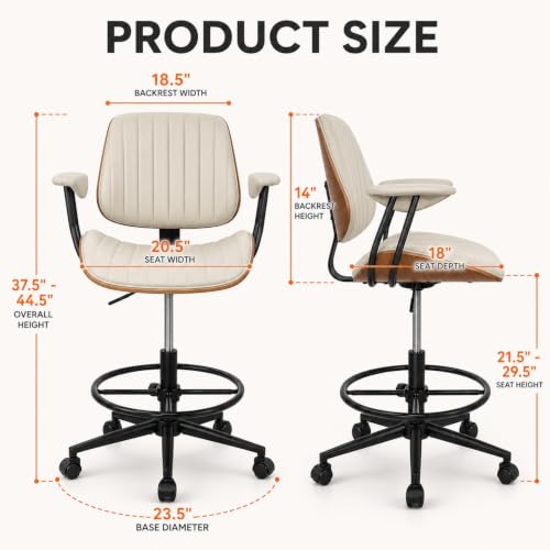 Image of Drafting Chair for Standing Desk, Arms Tall Office Chair with Bentwood Backrest, Adjustable Height, Footrest Ring and Swivel Seat, PU Leather (Ivory)