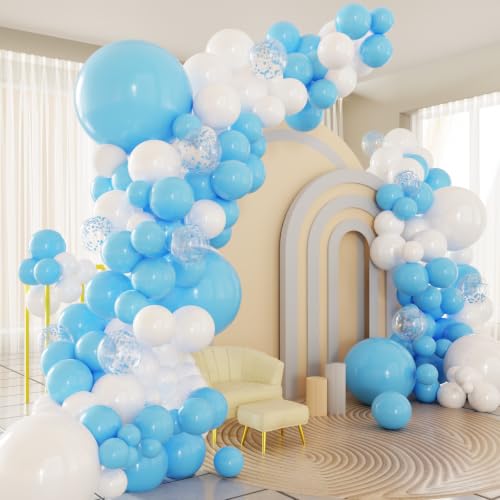 Blue White Balloons Arch Kit 124pcs Blue and White Confetti Balloons with 16ft Tape Strip & Dot Glue for Birthday Baby Shower Wedding Party Decorations