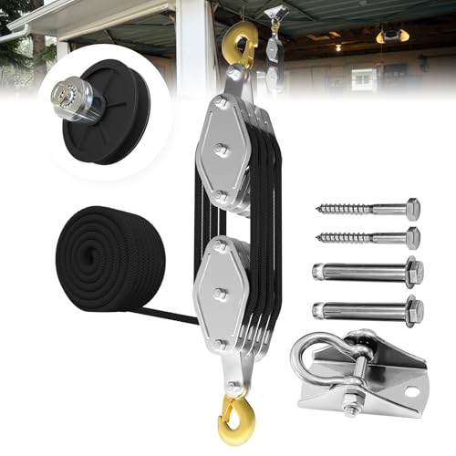 YATOINTO Rope Hoist Pulley System, 4400LB Block and Tackle Pulley System, 8:1 Lifting Power 65ft, Pulley Block for Lifting Loading Pulling with 1 Swing Hanger 2 Screws 2 Expansion Bolts by YATOINTO - Used condition - CA$25.31