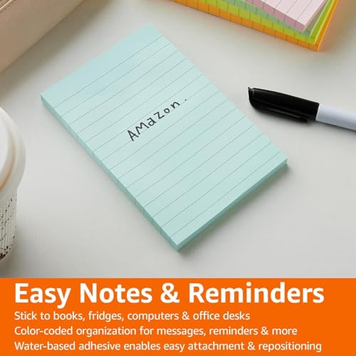 Image of Amazon Basics Rectangular Sticky Notes 4x6 Inch|Lined Sheets | Reusable Adhesive for Lists, Notes, Reminders | Perfect for Office, School, Home (Pack of 5, 250 Sheets, Assorted Colors)
