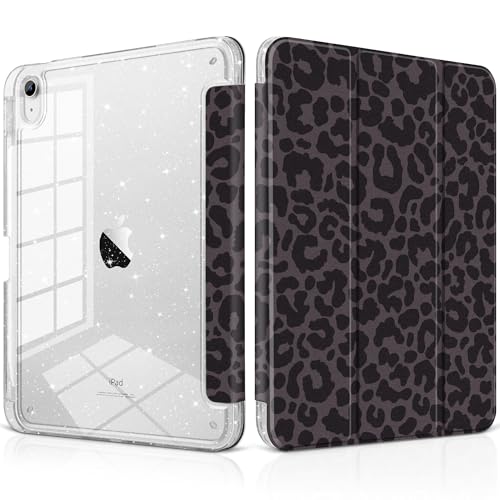 DONGKE for iPad 11th Generation Case (A16 11-inch 2025) / iPad 10th Generation (10.9-inch 2022) Glitter Clear Acrylic Back Pencil Holder Trifold Stand Auto Sleep/Wake - Black Leopard