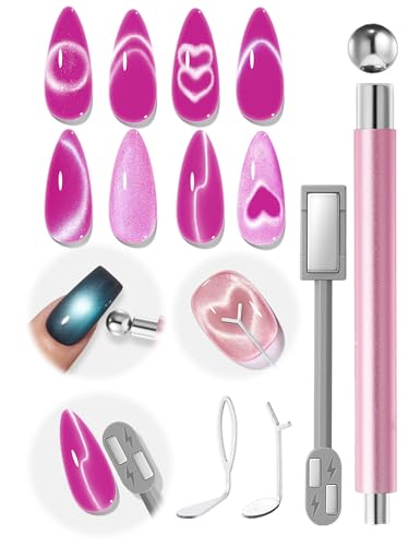 modelones Cat Eye Gel Polish Nail Magnet, 3-in-1 Cat Eye Magnet Pen & Heart-Shaped for Nail Art Tool Cylindrical & Ball &Hole &Lightning Magnet, Multi-Effect Magnets for Cateye Gel Polish DIY Salon