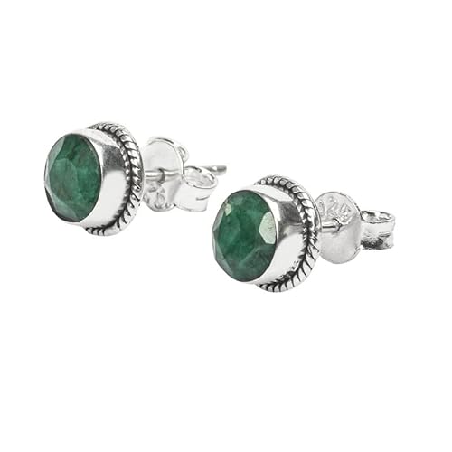 Emerald Stone Stud Post Earrings, 925 Sterling Silver Gemstone Earring 6 Mm Round Girls Women Gift #TOP2