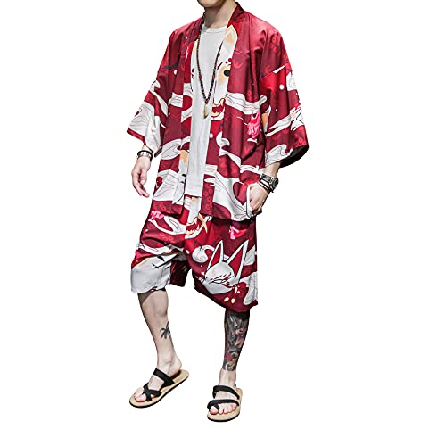 DOSLAVIDA Herren Kimono Cardigan Anzüge Japanischer Stil Sieben Ärmel Jacken Shorts Vorne Offen Yukata Tops Hosen Set, rot, XX-Large