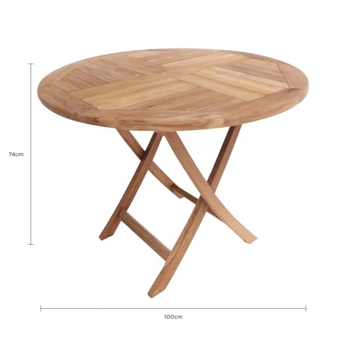 CHARLES BENTLEY Teak Round Folding Table, Outdoor, Wooden Dining Table, Seats 3, Slatted Circular Top, Space Saving Foldable Design, Natural Finish, Patio & Garden Furniture (100x75cm) - Image 3