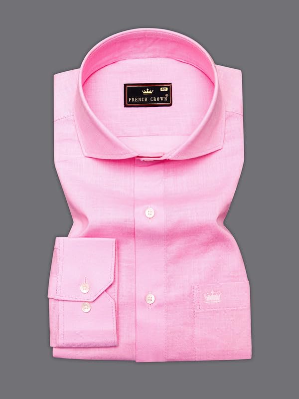 Image of FRENCH CROWN Men's Pink Linen Regular Fit Full Sleeves Casual Shirt