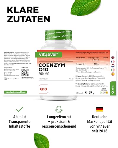 vit4ever Coenzym Q10 mit 200mg pro Kapsel - 180 vegane Kapseln - 6 Monate Reichweite - hochwertiges Q10 - hochdosiert, ohne unnötige Zusätze & laborgeprüft