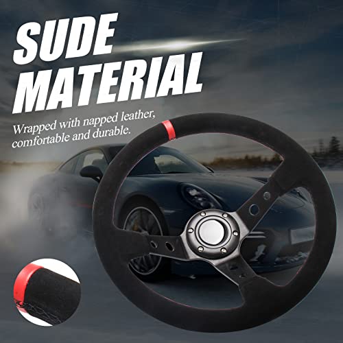 Somusen Universal Racing Steering Wheel Suede Deep Dish 14”/350mm 6 Bolts with Horn Button Include Cable,Wrench (Red) - Thumbnail 3
