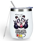 Funny Quotes Wine Tumbler, Sarcastic Cartoon Panda Gifts Panda Decor Stuff Double Wall Vacuum Insulated Coffee Mug Wine Glass 12 oz Tumbler with Lid for Women Men Birthday Anniversary Christmas