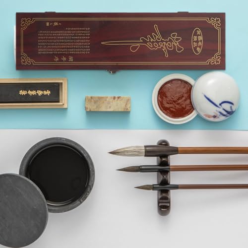 Image of TEHAUX Calligraphy Brush Gift Box Wooden Storage Case with Lid for Chinese Calligraphy Brushes Art Supplies Organizer 13.77X3.34X1.18In