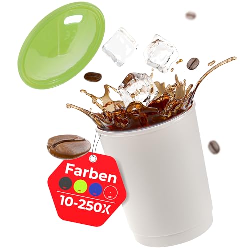 achilles Kaffeebecher mit Deckel, Kunststoffbecher, Mehrwegbecher, Trinkbecher, LFGB geprüft, spülmaschinenfest, stapelbar, 330 ml, Becher grau, Deckel grün, 10 Stk.