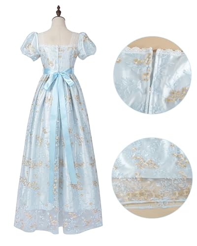 NSPSTT Women Regency Dresses Puff Sleeves Empire Waist Victorian Dresses Long Dress Tea Party Gown with Gloves, Blue, M - Image 3