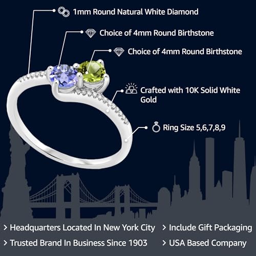 Gem Stone King 10K White Gold Customized and Personalized 2 Gemstone Birthstone and White Diamond Engagement Ring | Wedding Anniversary Promise Ring For Women | Size 5,6,7,8,92