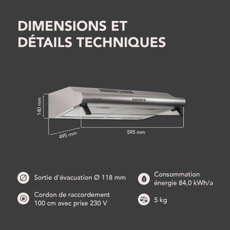 BELDEKO Hotte Casquette 60 cm Inox 240 m3/h + 2 Filtres - Marque Française