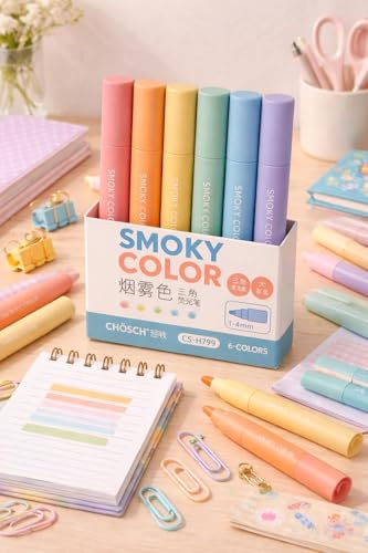 Image of Smoky Color Pastel Highlighters Set of 6 | Soft Neutral Shade Markers with 1-4mm Chisel Tip | Bleed Free Triangular Grip Highlighter Pens for Journaling Note Taking School Office