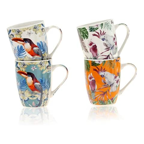 Flanacom Premium Kaffeetassen 4-er Set Florales Design - Große Keramik Kaffee-Becher ca. 300-ml - bunte Tee-Tassen Henkeltassen - Geschenk für Frauen - Kaffeetassen-Set 4-teilig (Birds) Cover